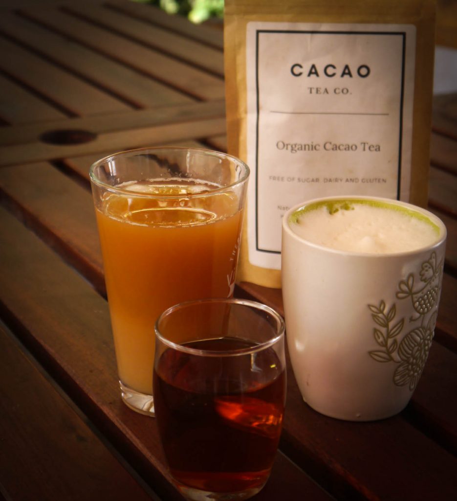 Cacao Tea served as a "cold brew" with a splash of nut milk, steamed in boiling water and as a latte.